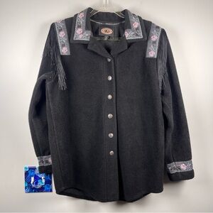 VTG County Clothing Black Fleece Western Boho Fringe Floral Jacket Small Rodeo